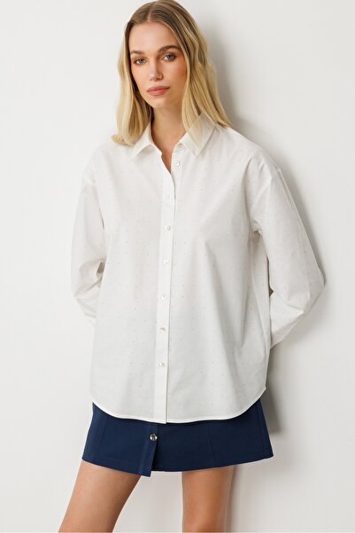 GLENDA Beyaz Komple Taş Detaylı Oversize Gömlek