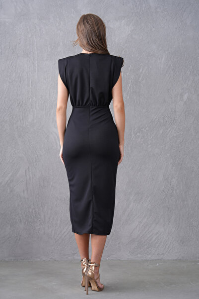bayansepeti Black Degaje Collar Slit and Accessory Design Draped Sleeveless Midi Dress 77130
