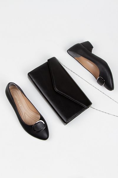 MFT AYAKKABI Women's 3 cm Buckle Short Thick Heeled Shoes and Bag Set