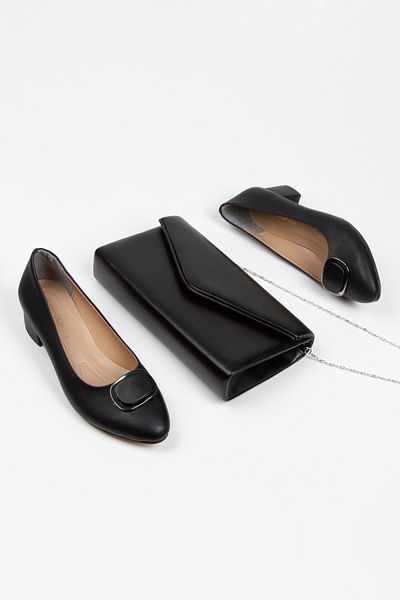 MFT AYAKKABI Women's 3 cm Buckle Short Thick Heeled Shoes and Bag Set