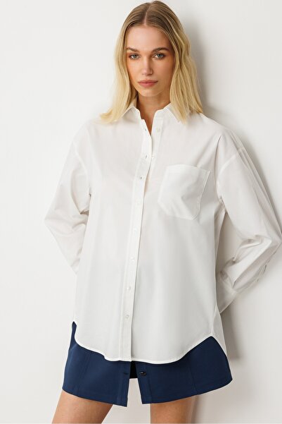 GLENDA Beyaz Cep Detaylı Oversize Gömlek
