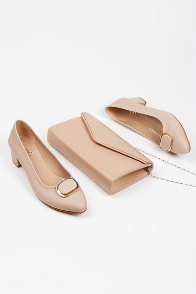 MFT AYAKKABI Women's 3 cm Buckle Short Thick Heeled Shoes and Bag Set