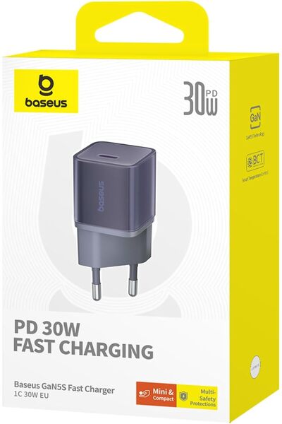 Baseus 1C 30W GaN5 Mini Hızlı Ev Şarj Adaptörü - MOR
