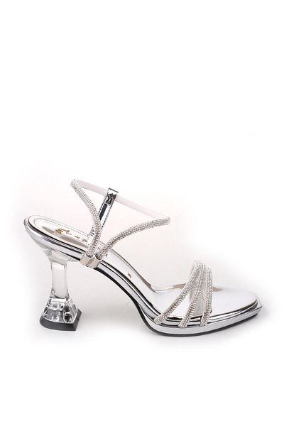 Papuçsepeti Shoe Basket 4749 Women's 9 cm Heel Stone Evening Dress Sandals