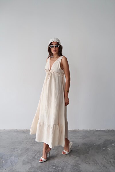 AÈC PRIVÈ Women's New Season Summer V-Neck Long Muslin Dress