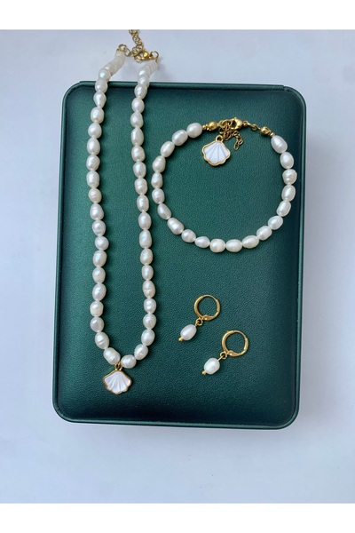 JOVİ ATELİER Sertifikalı Gerçek Doğal Beyaz Orta Boy Inci Kadın Kolye Bileklik Küpe Set Çelik Klips Istiridye