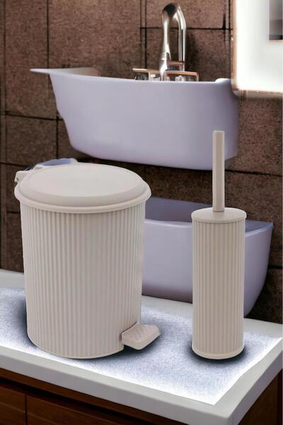 AboutThePerfect Şık Bej Pedallı Çöp Kovası ve Klozet Fırçası Seti