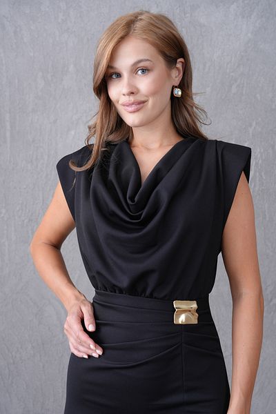 bayansepeti Black Degaje Collar Slit and Accessory Design Draped Sleeveless Midi Dress 77130