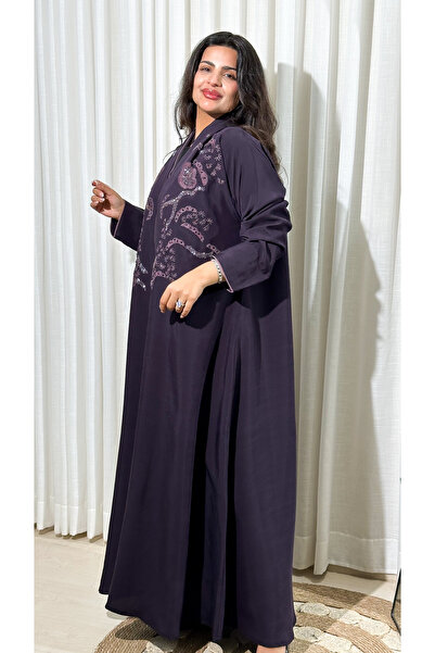 Elegant Washed crepe abaya, purple color, with embroidery on the entire chest