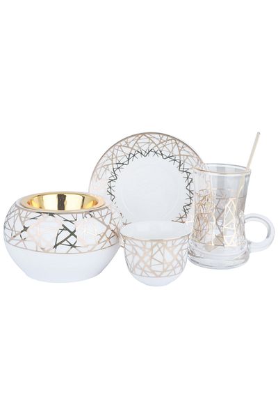 Alsaif Gallery Glass and Porcelain Cups with Saucers Set, 25 Pieces, White Gold