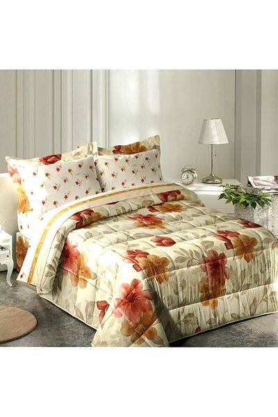 Pierre Cardin Loira Luxury Beige Duvet Set with Red Flowers Single 6 Piece Set