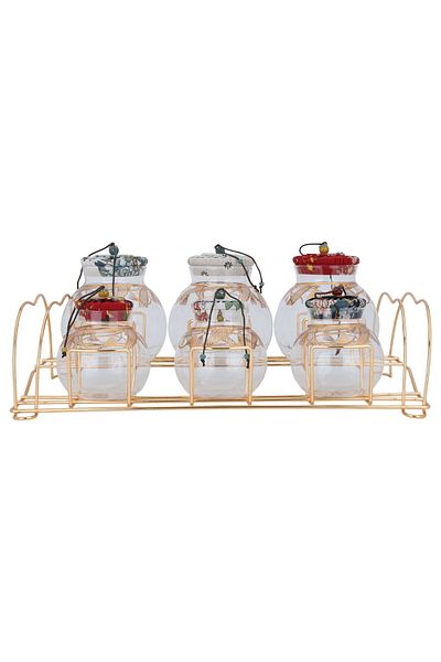 Alsaif Gallery Spice Jar Set by Alsaif Gallery, Glass, 7 Pieces - Multicolored with Golden Stand