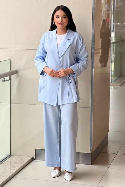 Mahal Casual Double Breasted Lapel Waist Tied Pocket Jacket Pants Set