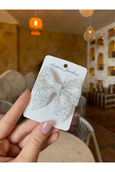 Little Sparkle Co. Off White Glitter Mini Bow Clip Buckle (1 Piece)