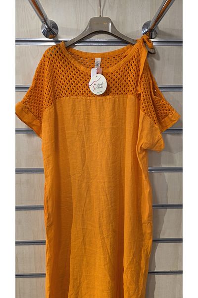 Park Moda Italian Linen Dress with Tie Shoulder and Mesh Detail