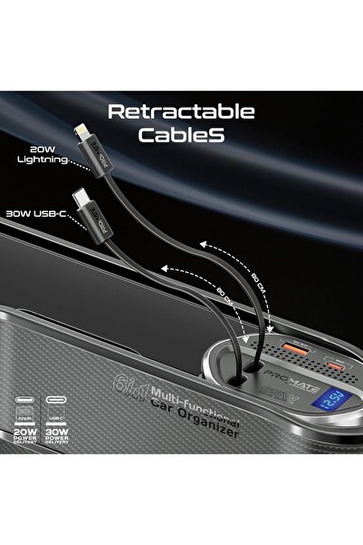 Promate 6-in-1 Car Organizer & 65W Charging Station with Retractable Lightning and USB-C Cables