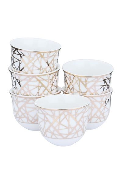 Alsaif Gallery Glass and Porcelain Cups with Saucers Set, 25 Pieces, White Gold