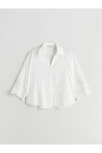 LC Waikiki LCW Vision Ekru Kroşe Detaylı Oversize Kadın Gömlek