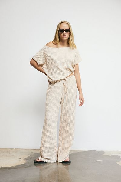 bases. Textured Rustic Wide Leg Flowing Trousers