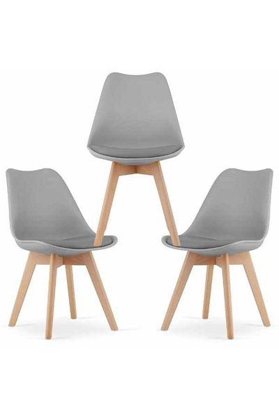 OEM Set 3 Scaune Grosseto, Stil Scandinav cu Picioare din Lemn, Perna din Piele Ecologica, Maxim 120 Kg