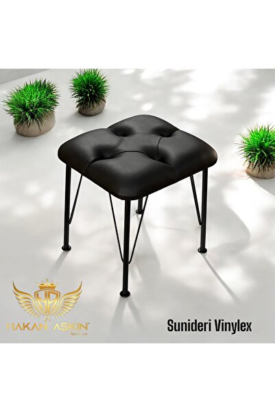 BY HAKAN AŞKIN Siyah Metal Ayaklı Novolux Vinylex Sunideri Puf Black 40x45 cm