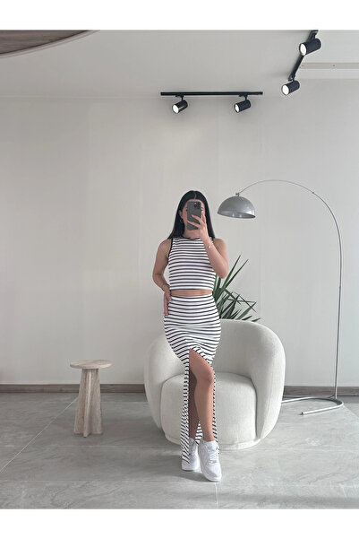 Kyra Studios White Strap Crop Top Slit Maxi Skirt Set