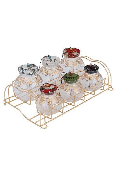 Alsaif Gallery Spice Jar Set with Golden Stand, 7 Pieces - Multi-colored