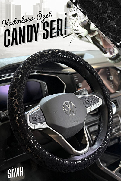 PlusOto Candy Seri Kadınlara Özel Leopar Desen Kadife Geçmeli Direksiyon Kılı...