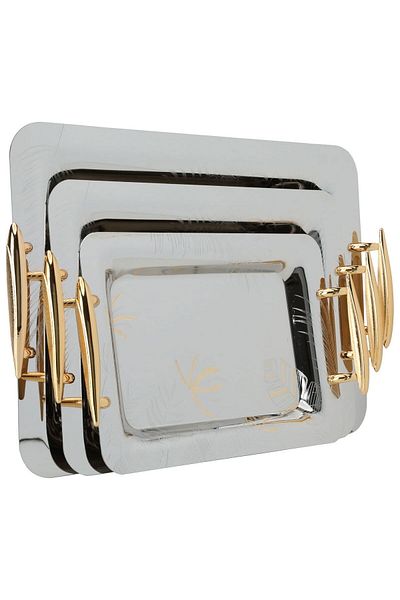 Alsaif Gallery Steel Serving Tray Set with Golden Handle Alsaif Gallery, 3 Pieces, Rectangular, Engraved - Silver