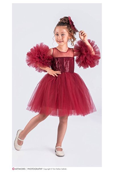 ALYA BUTİK Alya kız bordo kolları ponponlu payetli tütü kabarık mini elbise