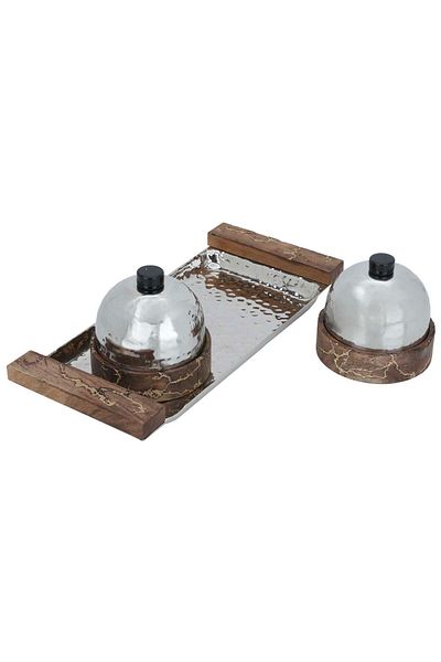 Alsaif Gallery Tamriyat Set Steel Al-Saif Gallery, 36x16x11.5 cm, Wooden Base - Silver