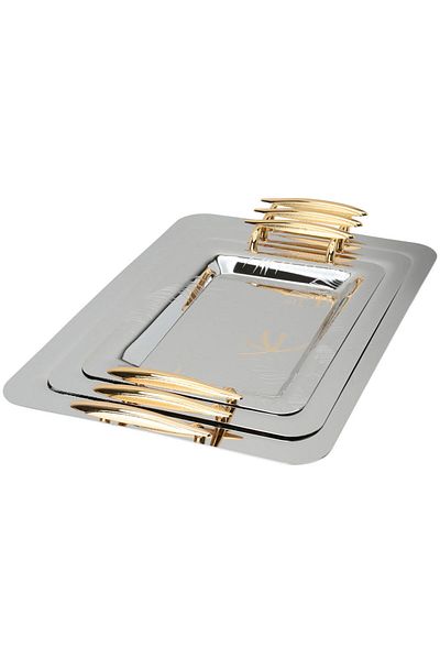 Alsaif Gallery Steel Serving Tray Set with Golden Handle Alsaif Gallery, 3 Pieces, Rectangular, Engraved - Silver