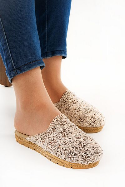 Babetty Women's Straw Knitwear Slippers Closed Front Knitted Lace Detailed Stylish Summer Home Beach Vacation Slippers