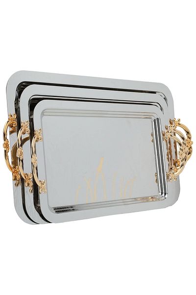 Alsaif Gallery Rectangular Serving Tray Set with Handle, Stainless Steel, Al Saif Gallery, 3 Pieces, Patterned - Si