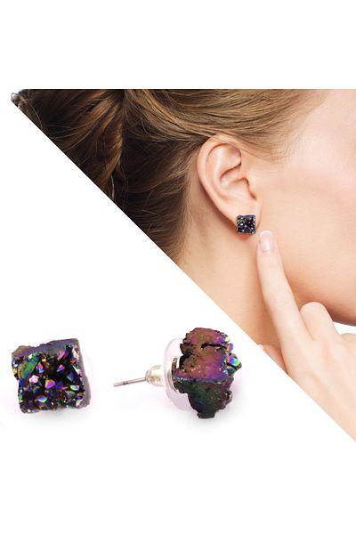 Tesbihane Iridescent Crystal Natural Stone Quadrilateral Design Earrings