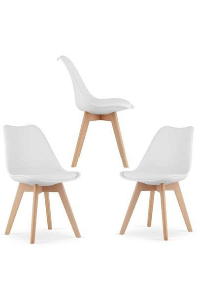 OEM Set 3 Scaune Grosseto, Stil Scandinav cu Picioare din Lemn, Sezut Perna Piele, Maxim 120 Kg
