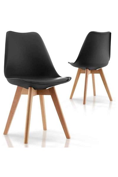OEM Set 2 buc, Scaun Stil Scandinav cu Picioare din Lemn de Fag, Perna din Piele Ecologica, Negru