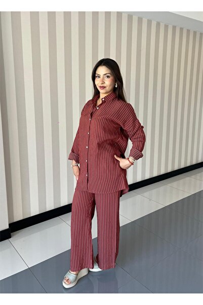 ELSEBUTİKTR Women's Burgundy Striped Top and Bottom Set