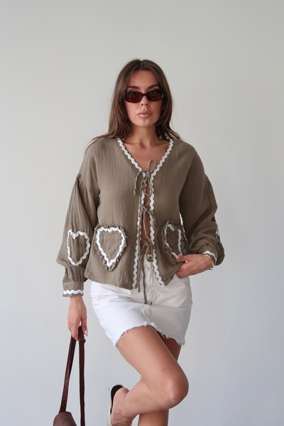 Lusin Women's Khaki Long Sleeve Tie Detail 100% Cotton Premium Muslin Blouse Shirt