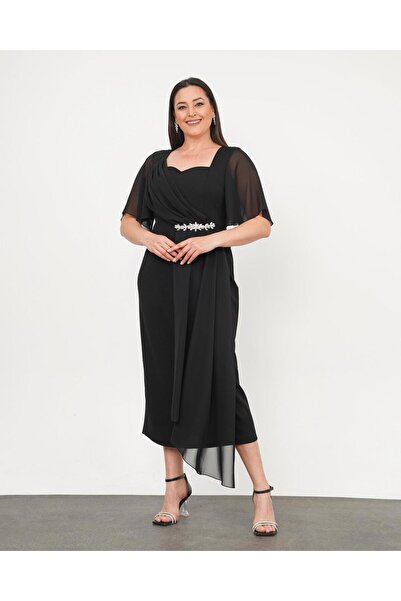 Şirin Butik Γυναικείο βραδινό φόρεμα σιφόν μαύρο μεγάλου μεγέθους με λεπτομέρεια από πέτρα