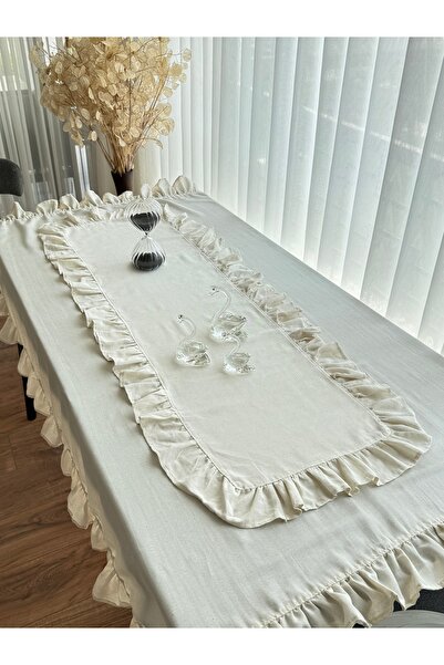 ARS DT Düz Keten Vintage Fırfırlı Masa Örtüsü ve 40x120cm Runner Takımı