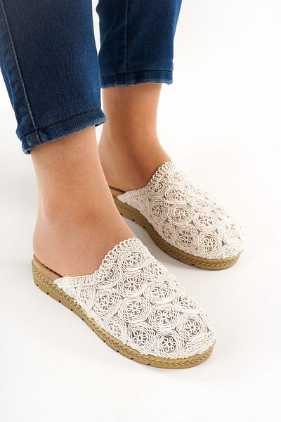 Babetty Women's Straw Knitwear Slippers Closed Front Knitted Lace Detailed Stylish Summer Home Beach Vacation Slippers