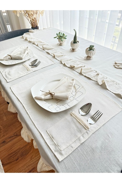 ARS DT 6 Parça Dantel Detaylı Cepli Amerikan Servis Takımı Keten Görünüm Lüx