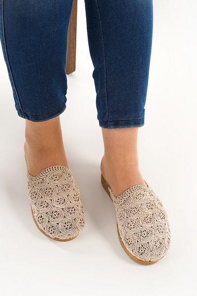 Babetty Women's Straw Knitwear Slippers Closed Front Knitted Lace Detailed Stylish Summer Home Beach Vacation Slippers