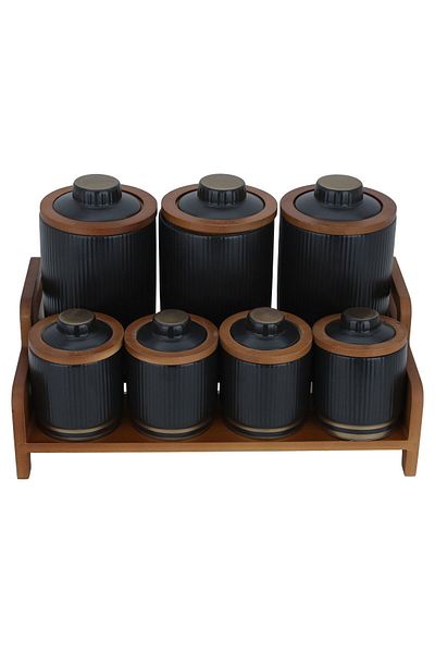 Alsaif Gallery Porcelain Set, 8 Pieces with Wooden Stand - Black