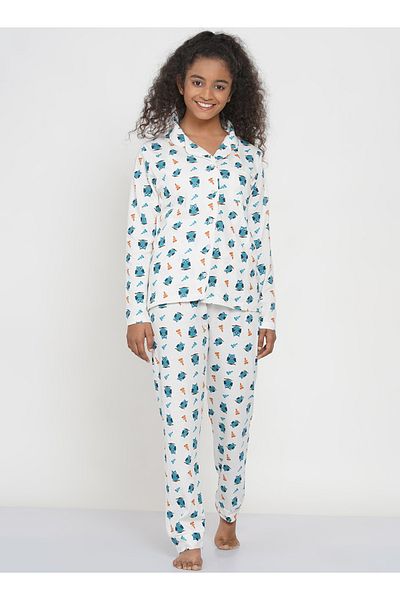 LAUREN SMITH Teen Girl's Pajama Set Long Sleeve Buttoned Top with pants 2 Piece Printed Sleepwear Cotton Pjs Set