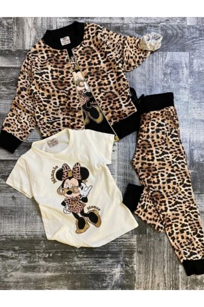 LİLLYPİCCA Girl's Leopard Patterned 3-Piece Set - Cardigan - T-Shirt - Pants - Size Chart Available in Pictures