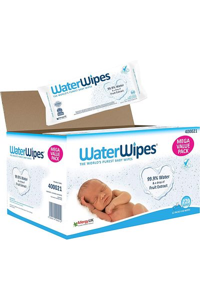 WaterWipes Mega Value Box Baby Wipes Pack Of 12 Pouches X 60 Sheets, 720 Wipes, White