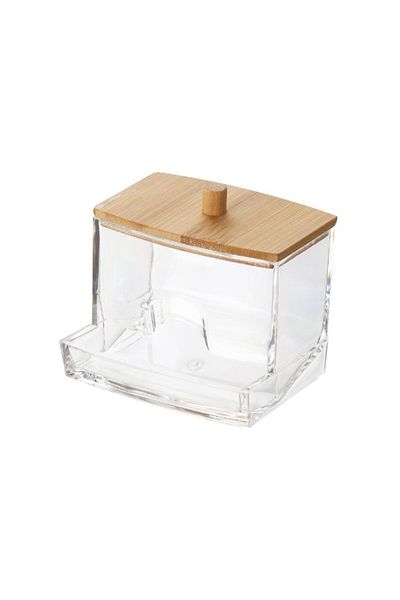OEM Cutie depozitare pentru betisoare de ureche, din plastic cu capac din lemn bambus, 9 x 7.5 cm