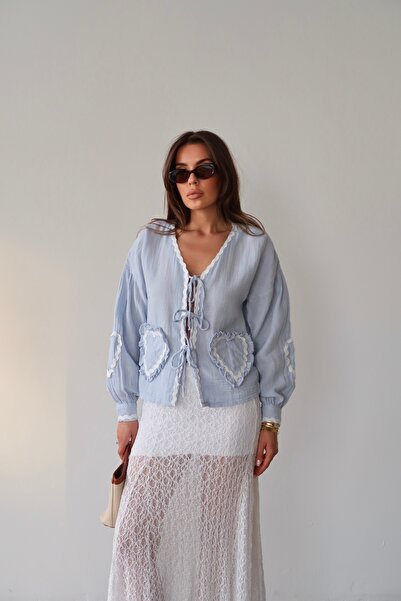 Lusin Cămașă bluză de muselină premium 100% bumbac, albastră, cu mânecă lungă, cu detaliu de șireturi